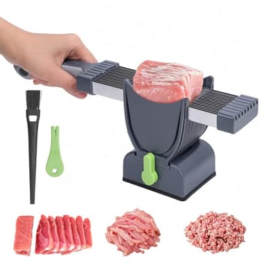 Affettatrice per carne fresca, spessore regolabile 2 o 4 mm, 17 in 1, in acciaio inox, manuale, affettatrice per carne fresca, triturazione di carne fresca, non per carne congelata o deil (grigio)