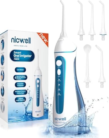Idropulsore Dentale Portatile, Irrigatore Orale Professionale 4 Modalità e 5 Ugelli di Ricambio con rotazione di 360 °, Ricaricabile USB, IPX7 Impermeabile, Adatto a viaggio e a casa