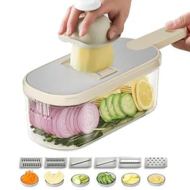 Mandolina per Verdure Professionale, Taglia Verdure, Affetta Verdure Mandolina in Acciaio Inox, Taglia Regolabile con 6 Lame e Contenitore