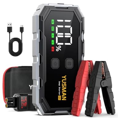 YUSMAN Booster Avviamento Auto - 6000A Portatile Avviatore di Batteria Auto per Auto/Moto 12V (fino a ALL Gas/10.0L Diesel), Avviatore di emergenza per Auto con cavo di sicurezza, LED, 5 V/3A, QC3.0