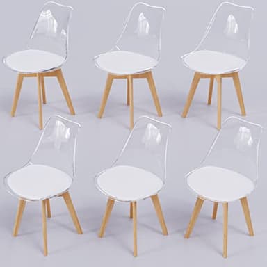 WAFTING Set di 6 sedie da pranzo con schienale trasparente, cuscino bianco e gambe in legno di faggio per sala da pranzo, camera da letto, soggiorno e sala conferenze