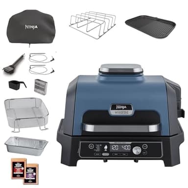 Ninja Woodfire Pro Connect XL Barbecue Elettrico, Griglia, Affumicatore, Friggitrice ad Aria 7 in 1, Controllo con App, 2 Termometri, Griglia per Costicine, Copertura e Spazzola, Blu/Nero, OG901EUAMZ