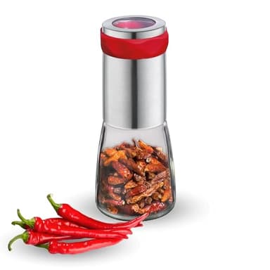 Cilio Peperoncino Piccante, da riempire, diametro 6,5 cm, altezza 14,5 cm, con tappo di chiusura, con adesivi scrivibili, per fiocchi di peperoncino uniformemente fini