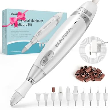 BEAUTURAL Fresa per Unghie Professionale, Set Manicure, Kit Manicure e Pedicure Elettrico con 10 Accessori, 20 Fasce Abrasive, Custodia e Luce LED