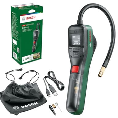 Bosch Pompa per Bicicletta/Mini compressore Portatile a Batteria EasyPump, Batteria da 3,0 Ah, 3,6 Volt, Funzione Autostop, 150 PSI, 10,3 Bar, LED, Ricaricabile Tramite Cavo USB-C, in Cartone