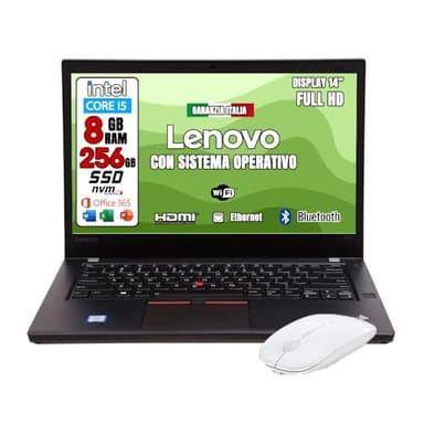 Lenovo GREEN EDITION, Pc portatile Intel Core i5 Pronto All'Uso con Pacchetto office 365, Notebook Con Display HD da 14", Ram 8Gb, SSD 256Gb, Garanzia Italiana (Ricondizionato)