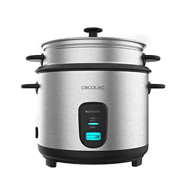 Cecotec Cuociriso Ricefusion 7000 Inox. 700 W, Capacità 1,8 litri, 10 porzioni, Coperchio in Acciaio Inox e Vetro, Funzione Automatica di Mantenimento in Caldo, Include Vassoio per il Vapore