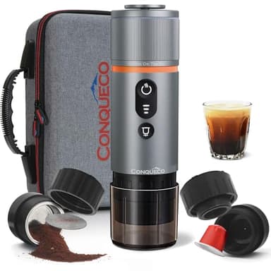 CONQUECO Caffettiera portatile con capsula per caffè espresso - Macchina da caffè elettrica 12V con batteria - Per auto, camion e viaggi - Con custodia e accessori per l'estrazione del caffè.