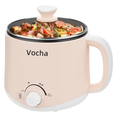 Vocha Pentola elettrica con funzione Keep Warm, padella elettrica antiaderente da 1,6 l, fornello da viaggio portatile, mini fornello multi-cottura per pasta tagliatelle, zuppe, uova sode, (beige)