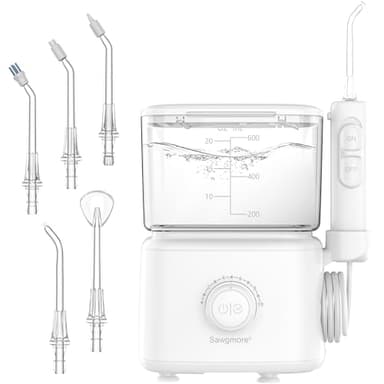 Sawgmore - Idropulsore Dentale con 10 livelli di pressione regolabili, capacità 600 ml, irrigatore orale con 5 punte multifunzione per la casa (bianco)