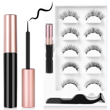 Ciglia Finte Magnetiche, 5 Paia Ciglia Magnetiche con Eyeliner Magnetico, Riutilizzabile Kit Ciglia Finte, Naturali e Lunga Durata di Effetto 3D