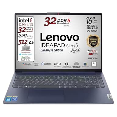 Lenovo Ideapad slim5, BluAbyss, Notebook, i5 13420H 13Th, DDR5 32Gb, Display WUXGA 16" IPS FHD+, SSD da 512Gb, Wi-Fi 6, Bt, USB Thunderbolt, Tastiera retroilluminata, Win11 Pro, Pronto all'Uso