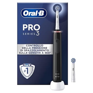 Oral-B Spazzolino Elettrico Ricaricabile Pro 3 3000, Sensore di Pressione Luminoso, Batteria a Lunga Durata, 2 Testine Sensitive Clean, 1 Spazzolino Elettrico, Nero, Idea Regalo
