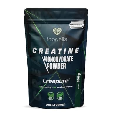 Foodelis Creatina Creapure 500g in polvere - 100% Creatina Monoidrata Creapure Certificata - Senza Sapore, Non-OGM, Pura senza Additivi - Alta Solubilità - Include Dosatore - Creatine Pura