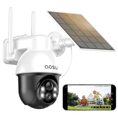 AOSU 2K Telecamera Wi-Fi Esterno Senza Fili a Batteria, 360° PTZ Videocamera Sorveglianza con Pannello Solare, 2.4GHZ & Bluetooth, Visione Notturna a Colori, Allarmi PIR, Rilevazione di Movimento
