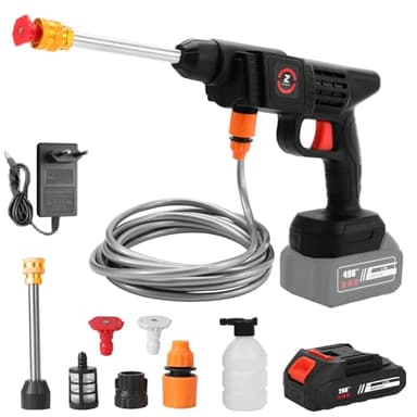 Pulitore ad alta pressione senza fili, 21 V 50 bar, pulitore ad alta pressione sulla batteria, pulitore ad alta pressione portatile con tubo in schiuma, per la pulizia e l'irrigazione (1 x 6000 mAh