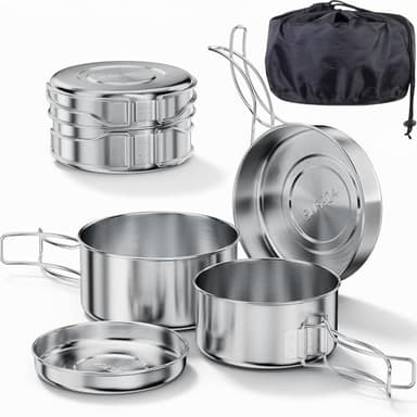 Bestargot Set di pentole da campeggio in acciaio inox 304, 4 pezzi da campeggio (900 ml + 600 ml), set di stoviglie da campeggio