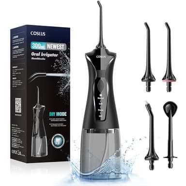 COSLUS Idropulsore Dentale Portatile: 300ml Irrigatore Orale Senza Fili, 4 Modalità Idropulsore Dentale, Vincitore del Test 30 Giorni, Facile da Usare, IPX7 Impermeabile, Nero