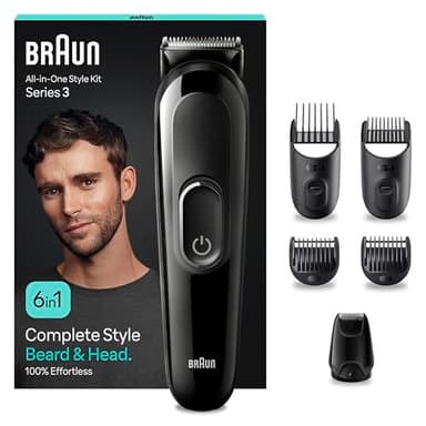 Braun REGOLABARBA Tagliacapelli Uomo, Rasoio Elettrico Barba e Capelli, 6-In-1 Styling Kit Ideale per Barba, Capelli, 50 Minuti Di Utilizzo Senza Fili, MGK3410