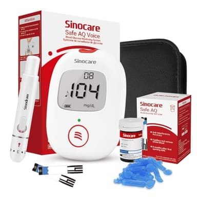 Sinocare Misuratore Glicemia Glucometro, Test della glicemia e annunci vocali, Contiene 25 strisce per glicemia e 25 Lancatte, Safa AQ Voice