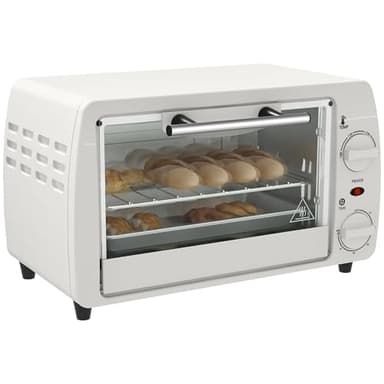 HOMCOM Mini forno 10 litri 750W Piccolo forno elettrico con temperatura fino a 230 ℃ Timer 60 minuti Teglia e rastrelliera 36,5x26x22 cm Bianco crema
