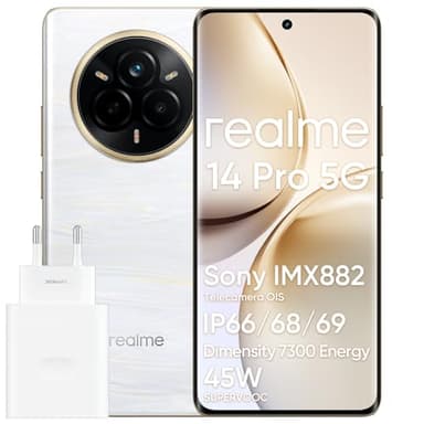 realme 14 Pro 5G Smartphone, 8 + 256GB, Cellulare, Design che Cambia Colore Sensibile al Freddo, IP69, 50 MP Sony IMX882 OIS Fotocamera, Display 120Hz, Batteria da 5260 mAh, Bianco(Con Adattatore)