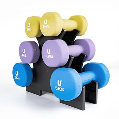 unycos - Set di 6 Manubri Antiscivolo in Neoprene, Coppia di Pesi Rotonde da 3, 4 e 5 kg per Uomini/Donne, Nucleo in Ghisa, Allenamento della Forza, Fitness, Palestra in Casa (Multicolore)