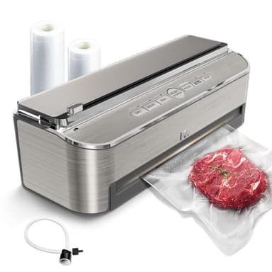 Mesliese Macchina Sottovuoto Alimenti, Sigillatrice Automatica per Alimenti da 85kPa 120W, Taglierina Incorporata | Modalità Umida | 2 Rotoli di Sacchetti e 5 Pezzi di Sacchetti Pretagliati