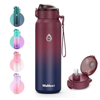 WEMEET Borraccia Termica con Cannuccia 1L, Acciaio Inox 18/10 Bottiglia Termica con Rimovibile Cinghia1000ml, Senza BPA Borracce, Thermos per Bambini, Scuola, Sport, Campeggio, Yoga (Rosso Nero)