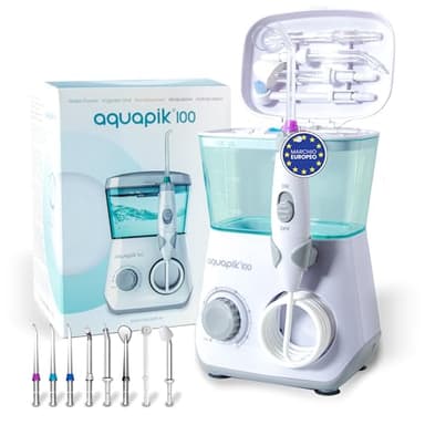 Aquapik® 100 idropulsore dentale Professionale | Elimina la Placca + Raccomandato dai dentisti + Cura i tuoi Impianti e Ortodonzia | 8 Ugelli + 10 Livelli di Pressione + Capacità 600 ml
