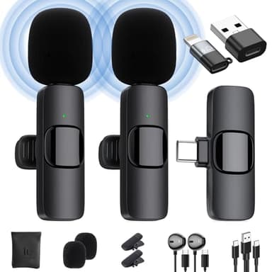 Microfono Wireless per Porta Type-C/Lightning/USB, IUMAKEVP Microfoni Lavalier Plug-play con Riduzione del Rumore per Registrazione Video, Live Steam, Intervista, YouTube, TikTok and Facebook (2 mics)