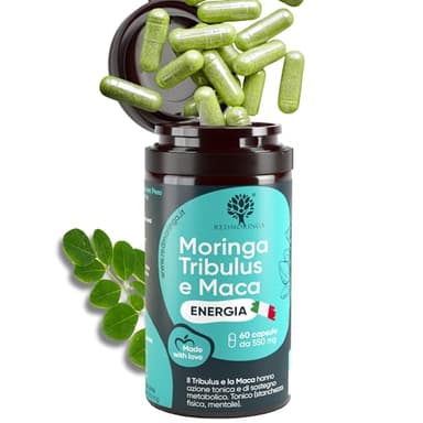 Tribulus Terrestris 90% Saponine Steroidee Maca Fieno Greco | Integratore Energia Booster Moringa BIO | Sostegno Massa Muscolare | Tribulus Alto Dosaggio | 100% Naturale | RedMoringa® (60 Capsule)