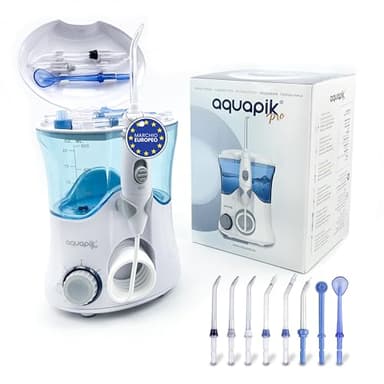 Aquapik® PRO Idropulsore Dentale Professionale | Rimuove la Placca + Raccomandato dai Dentisti + Cura Impianti e Apparecchi Ortodontici | 8 Ugelli + 10 Livelli di Pressione + Serbatoio 600 ml