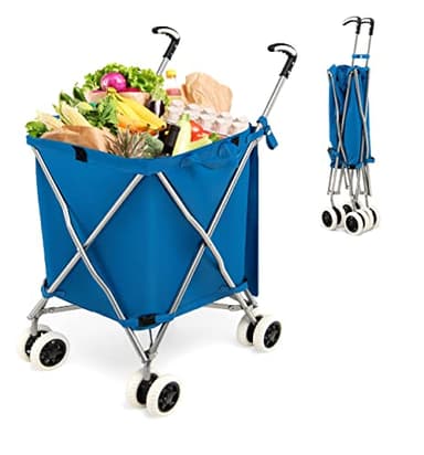 GYMAX Trolley per Spesa Pieghevole, Capienza di 90 L, Portata di 55 kg, Richiudibile e Staccabile, con 4 Ruote, Doppio Manico e Coperchio, Materiale Impermeabile, 46x66x94,5 cm (Blu)