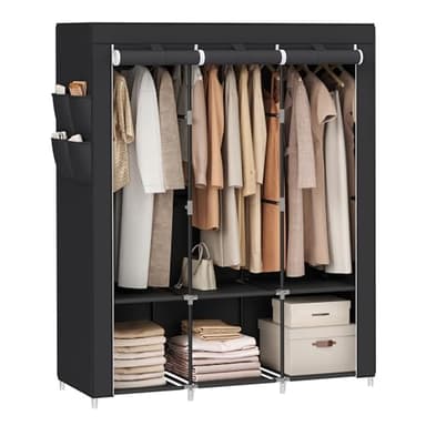 SONGMICS Guardaroba, Armadio Portatile, Porta Abiti con 3 Barra Appendiabiti, Ripiani, 4 Tasche Laterali, 45 x 130 x 167 cm, Grande Capienza per Camera da Letto, Soggiorno, Nero RYG092B02