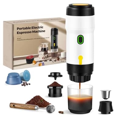 ICARE Caffettiera Portatile, Macchina Caffè Espresso 3-in-1, 20BAR Pressione, 92°C Estrazione, Batteria 7500mAh, Ricarica USB/Auto, per Capsule e Caffè Macinato (Bianco)
