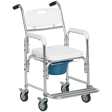 HOMCOM Sedia Comoda WC per Anziani 3 in 1 Pieghevole, 45cm Sedia a Rotelle Girevoli con Vaso Rimovibile, Altezza Regolabile, Rialzo Sedia WC per Anziani Disabili, Alzawater Sedia Transito, 150kg