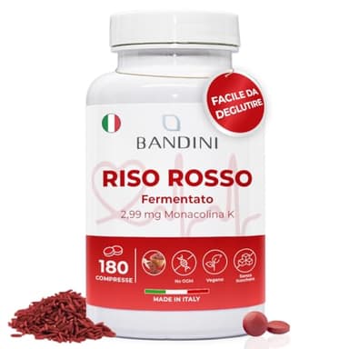 Bandini® RISO ROSSO FERMENTATO da Lievito Monascus Purpureus, 180 Compresse (6 mesi) Facili da Deglutire 99,7mg Red Yeast Rice, 2,9mg di Monacolina K, Senza additivi, Vegan, Senza OGM, Made in Italy