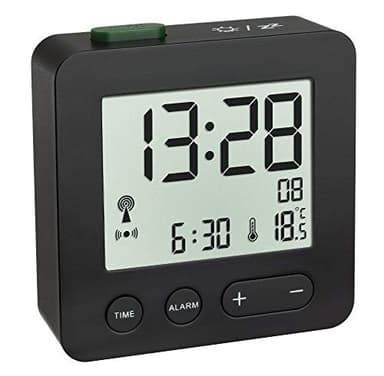TFA Dostmann Sveglia digitale radiocontrollata, 60.2545.01, Amazon exclusive, da viaggio, piccolo, con termometro interno, allarme, nero