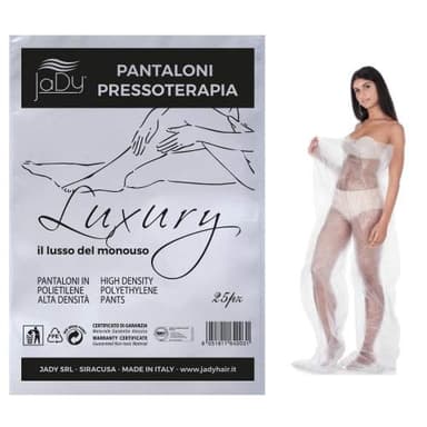 JaDy - Pantaloni Pressoterapia Monouso per Trattamenti | Confezione 25 Pezzi | Taglia Unica XS-XXL | Made in Italy | Materiale Cartene Polietilene, Trasparente, per Fanghi ed Alghe