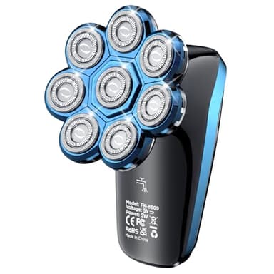 Rasoio Elettrico Barba Uomo 8D, Rasoio per la Testa Impermeabile IPX6, 8 Testine Rotanti, Lame a Doppia Traccia e Flessibili, 90 min di Autonomia