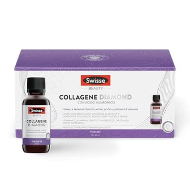 SWISSE Collagen Diamond - Integratore Collagene e Acido Ialuronico Liquido, Collagene Idrolizzato da Bere con Vitamina C ed E, Integratori con Vitamine e Estratto di Semi d'Uva, 10x30ml Made in Italy