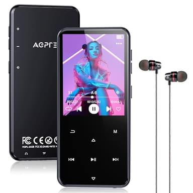 AGPTEK Lettore MP3 Bluetooth 5.3, Lettore Musicale da 64 GB in Metallo, Schermo da 2,4", qualità Sonora HiFi, MP4 con Pulsanti Touch, Altoparlante, Radio FM, Registratore, 60 Ore di Musica - Nero