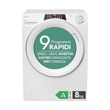 Candy RapidÓ Lavatrice 8 Kg, Libera Installazione, Carica Frontale, Classe A, 1200 Giri, 9 Programmi Rapidi, Funzione Vapore, Wi-Fi + BLE e App hOn, 60 x 53 x 85 cm, Bianca - RO 1284DWMST/1-S