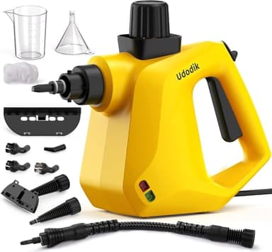 Udodik Pulitore a vapore portatile, pulitore a vapore per casa, pulitore a vapore multiuso con 10 accessori per tappeti, tende, divani, cucina, cimici, bagni e altro ancora (white) (yellow)