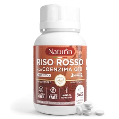 Riso Rosso Fermentato 365 Compresse (1 Anno) + Coenzima Q10 + Monacolina K, Integratore 100% Vegano ad Alto Dosaggio per Colesterolo e Benessere Cardiovascolare by NATURIN