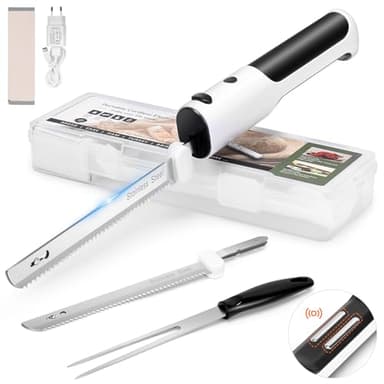 PAHTTO Coltello elettrico per affettare carne pane verdura frutta, coltello da cucina affettapane a batteria con doppie lame in acciaio inox incluso scatola, forchetta e tagliere pieghevole