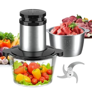 Becontrip 2L Tritatutto da Cucina Elettrico con 2 Ciotole,500W Frullatore Tritatutto Multifunzione,2 Livelli di Tritatutto Elettrico con 4 Lame per Carne Verdura e Frutta