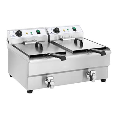 Royal Catering RCEF 16DH-1 Friggitrice Professionale Friggitrice Elettrica Doppia (2 x 3200 W, 230 V, 200 °C, 16 litri per cestello, Acciaio inox, 2 valvole di scarico)