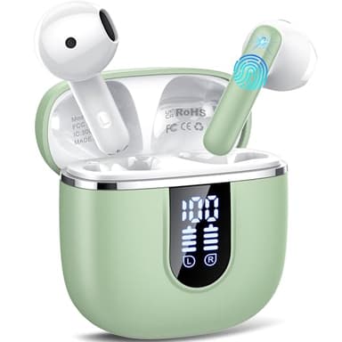 Cuffie Bluetooth, Auricolari Bluetooth 5.4 con 4 ENC HD Mics Immersivo, 40Ore Mini Cuffie Wireless Cancellazione Rumorecon, Touch Control, LED, IP7 Cuffiette Bluetooth per Androide/iOS, USB-C, Verde